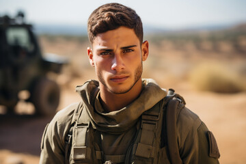 Young Israeli soldier, portrait. A handsome, courageous face, a concentrated look against a blurred background.Outdoors.Close-up. Generative AI.
