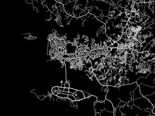 Vector road map of the city of  Tanjung Pinang in Indonesia with white roads on a black background.