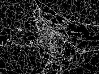 Vector road map of the city of  Tasikmalaya in Indonesia with white roads on a black background.