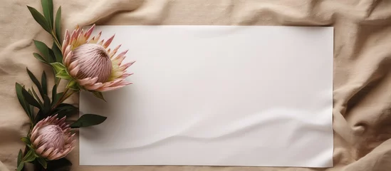  Minimalistic brand template with blank paper dried protea flower and neutral linen blanket With copyspace for text © 2rogan