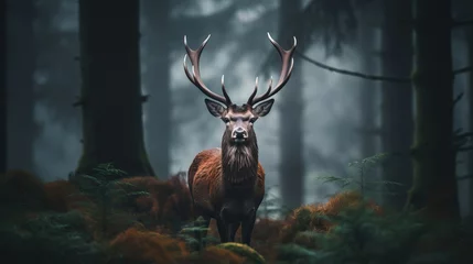 Foto op Plexiglas Red deer stag with antlers in a foggy forest landscape © Pixel Town