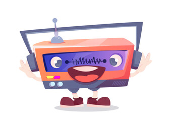 Portable retro audio receiver in the form of a humanized funny smiling character. Cartoon vector illustration isolated on white background