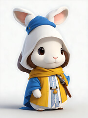 A rabbit in a blue hoodie with a gold hood and a white bunny in the middle Ai generated.