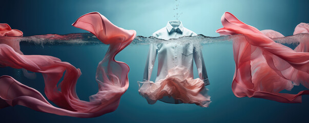 cleaning clothes washing machine or detergent liquid commercial advertisement style with floating shirt and dress underwater with bubbles and wet splashes laundry work as banner design with copy space - obrazy, fototapety, plakaty