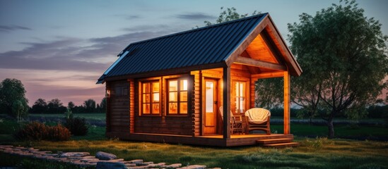 Evening exterior design of a small wooden cabin With copyspace for text