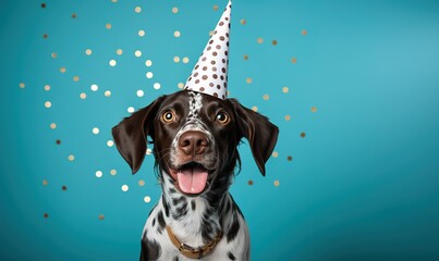 Happy cute dog in party hat celebrating birthday