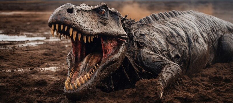 Fototapeta close up big sharp teeth dinosaur in muddy ground, Generative Ai