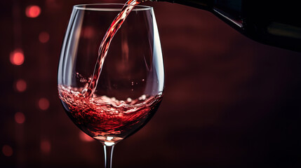 Red wine being poured into glass, close-up macro shot