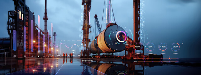 oil and gas or industrial pipeline and tank factory industrial area for power and energy petrochemical facility concepts with hologram information datum statistics charts and hud as wide banner