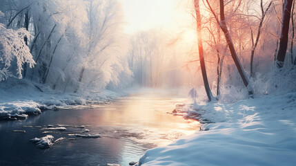 Winter landscape, river, forest, low winter sun.