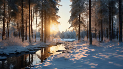 Winter landscape, river, forest, low winter sun.
