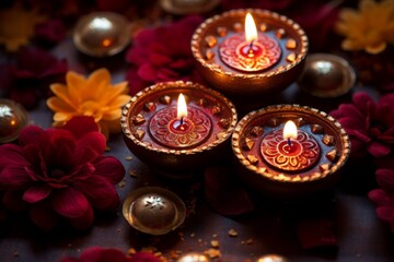 Obraz na płótnie Canvas Background representing the Diwali festival. Glowing diyas, or clay lamps, cast a warm golden hue