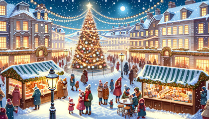 Fototapeta premium Illustration of a snowy town square during the festive period, with twinkling fairy lights, a large decorated tree, and families enjoying hot cocoa at outdoor stalls.