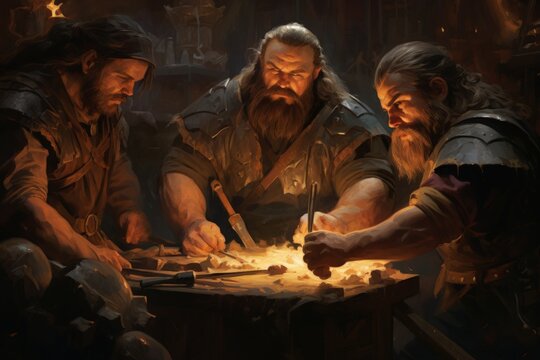 Loyal dwarven blacksmiths crafting mighty weapons - Generative AI