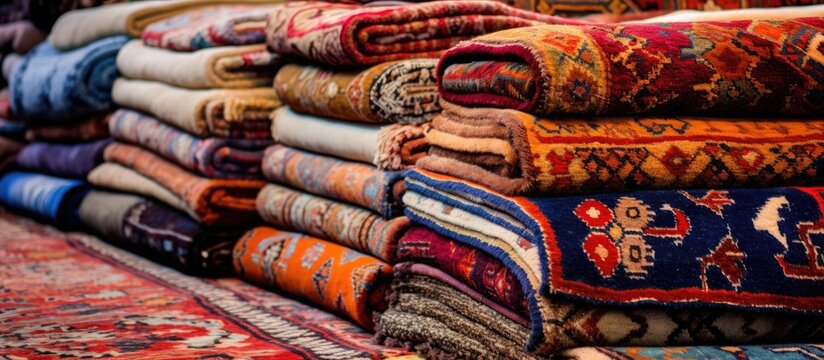 Assortment of exquisite oriental carpets at Middle Eastern carpet store Heap of fine handmade carpets at traditional Middle Eastern market With copyspace for text