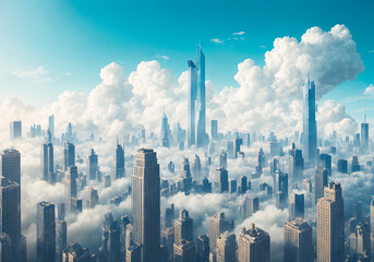 Futuristic cityscape with skyscrapers and blue cloudy sky