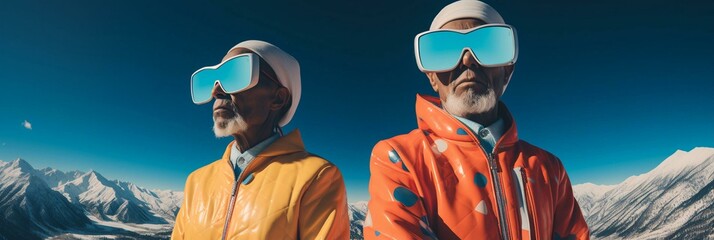 Quirky characters wearing oversized sunglasses - goggles - Christmas vacation - getaway - seniors - festive. Clothing - holiday - ski resort - low angle shot  - obrazy, fototapety, plakaty