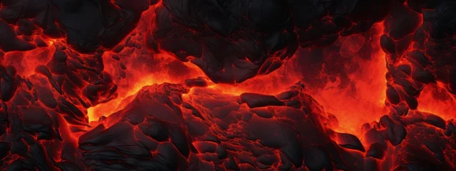 Foto op Canvas Lava texture fire background rock volcano magma molten hell hot flow flame pattern seamless. Earth lava crack volcanic texture ground fire burn explosion stone liquid black red inferno planet relief. © Максим Зайков