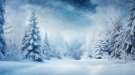 Papier Peint photo Lavable Bleu Jeans Queda de neve na floresta de inverno. Bela paisagem com abetos cobertos de neve e montes de neve. Fundo de saudação de feliz Natal e feliz ano novo com cópia