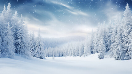 Queda de neve na floresta de inverno. Bela paisagem com abetos cobertos de neve e montes de neve. Fundo de saudação de feliz Natal e feliz ano novo com cópia - obrazy, fototapety, plakaty