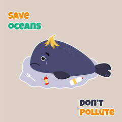 Vector illustration of a cute sad whale among garbage