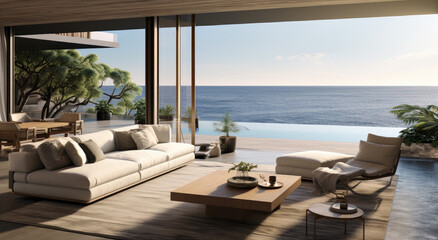 Fototapeta premium Whimsical Seaside Retreat: Explore Captivating Views of a Seafront Villa, Infused with Fantastical Elements and Rustic Materiality, Unveiling a Delightful Fusion of Nature and Imagination