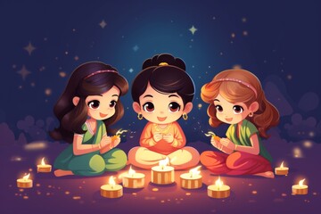 Happy diwali festival of India, cute cartoon kids with diwali diya