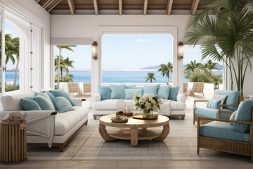 Fototapeta premium Whimsical Seaside Retreat: Explore Captivating Views of a Seafront Villa, Infused with Fantastical Elements and Rustic Materiality, Unveiling a Delightful Fusion of Nature and Imagination