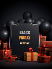 Black Friday Sale Banner with Black Balloons and Gift Boxes
