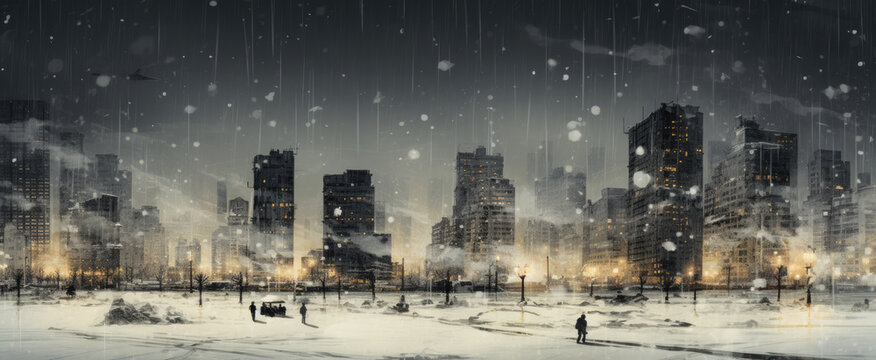 Street Scene with Glitches, Evoking Snowy Serenity and Photography Aesthetics, Enhanced with Detailed Crowd Scenes in a Palette of Dark Brown and White