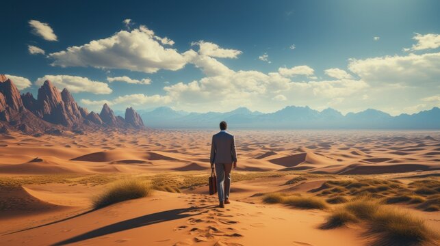 businessman, dressed in a suit, stands amidst the sandy dunes of a desert while holding a briefcase. This scene combines business attire with an unexpected desert backdrop.