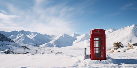 On a remote, snowy peak, a telephone booth stands , concept of Isolation
