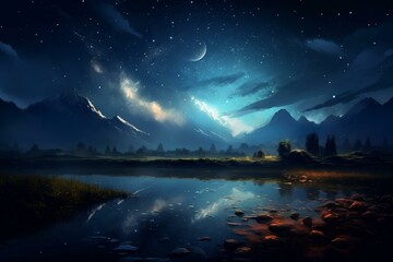 Nighttime scene with shining stars and a bright full moon. Generative AI - obrazy, fototapety, plakaty