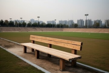 A wooden bench on the side of soccer field. Generative AI - obrazy, fototapety, plakaty