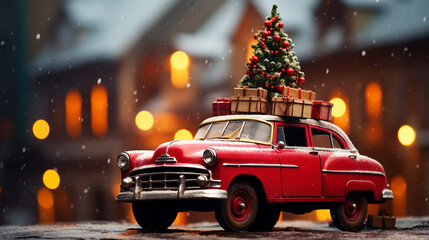 Christmas card. Retro car with a fir tree and gifts. - obrazy, fototapety, plakaty
