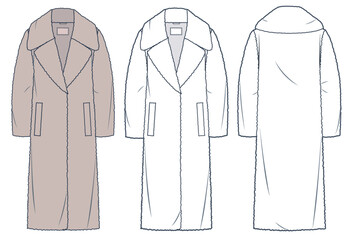 Faux Fur Coat technical fashion Illustration. Teddy Fur Coat fashion flat technical drawing template, midi length, pockets, front and back view, white, braun color, women, men, unisex CAD mockup set.