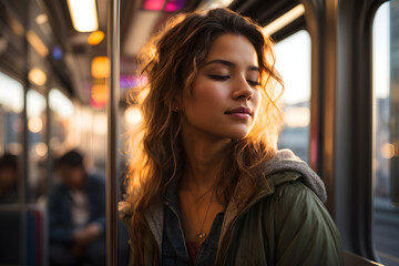 A young woman with a pensive expression, her eyes closed in peaceful contemplation as she gazes out the window of an urban light rail train.