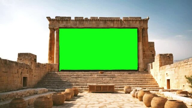 A green screen or chroma key placed on a large outdoor screen or wall at an outdoor theatre in an ancient building.  4K animation of slow zooming to green screen.