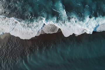 Aerial View of Turquoise Waves on Black Sand Beach