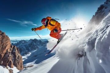Skier skiing down a mountain slope  - obrazy, fototapety, plakaty