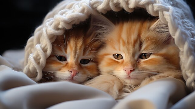  Two Orange Kittens Are Hiding In A Blanket Together,.  Generative Ai