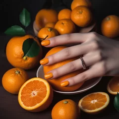 Rolgordijnen Beautiful female hands with orange manicure close-up, modern stylish manicure © pundapanda