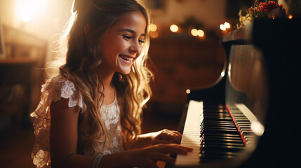 Woman and girl playing a piano. Beautiful woman teaching a little girl playing a piano. - obrazy, fototapety, plakaty