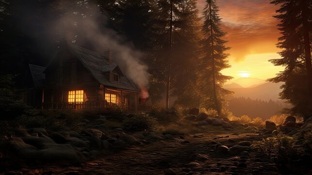  a cabin in the woods at sunset with smoke coming out of the windows.  generative ai