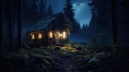 Mattepainting background shed in the forest heroic fantasy halloween witchy video game night scary stary scandinavian sky