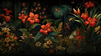 Obraz na płótnie Canvas beautiful composition of tropical plants in jungle in a delicate painting style with butterflies and birds, close up atmosphere, reworked and enhanced ai generated illustration