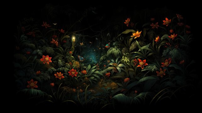 beautiful composition of tropical plants in jungle in a delicate painting style with butterflies and birds, close up atmosphere, reworked and enhanced ai generated illustration