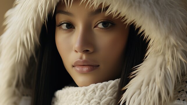 Fashion asian woman girl female model with makeup and blue eyes, looking fierce charming and powerful, reworked and enhanced ai generative photography of a not real person.
