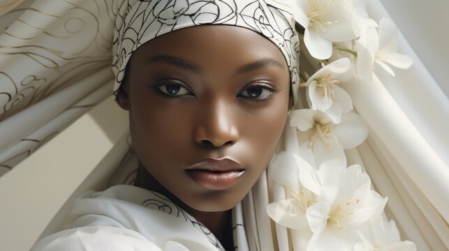 Fashion black traditional woman girl female model with makeup and brown eyes, looking fierce charming and powerful, reworked and enhanced ai generative photography of a not real person.