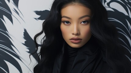 Fashion asian black woman girl female model with makeup and blue eyes, looking fierce charming and powerful, reworked and enhanced ai generative photography of a not real person.